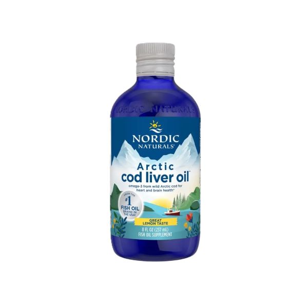 Nordic Naturals arktinių menkių kepenų aliejus, 1060 mg citrinų skonio – 237 ml.