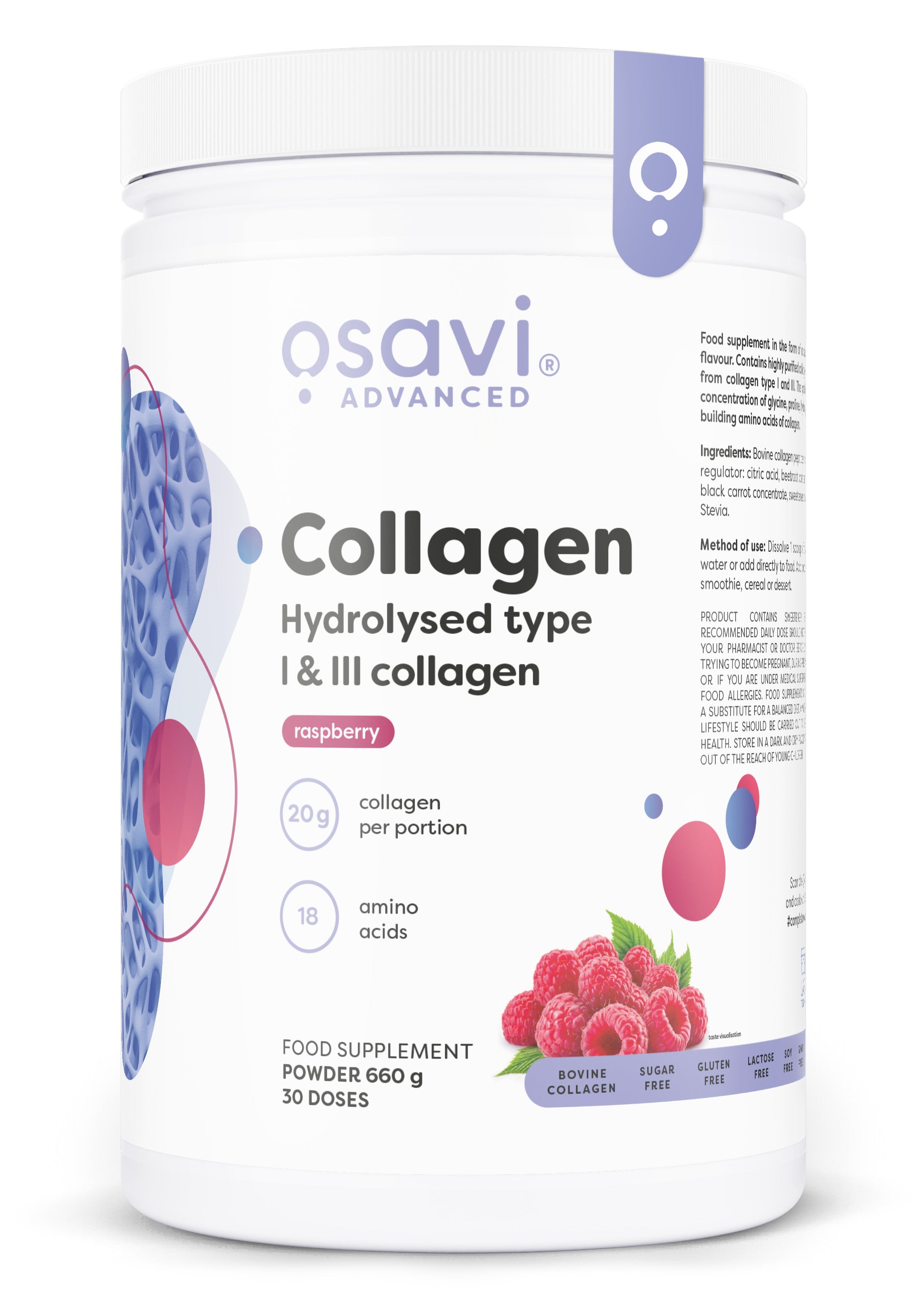 Produkto nuotrauka: Osavi Collagen Hydrolysed Type I & III, avietė - 660 g