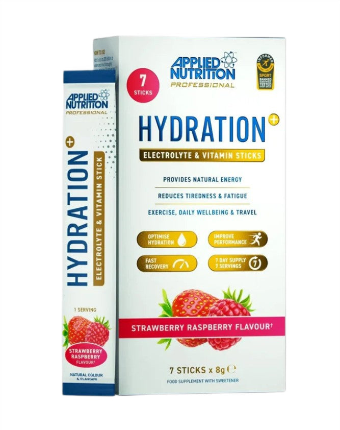 Applied Nutrition Hydration + Electrolyte & Vitamin miltelių lazdelės, braškių ir aviečių skonio – 7 x 8 g