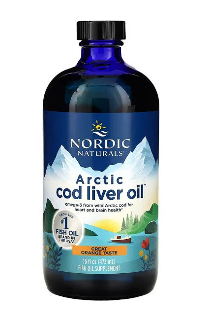 Nordic Naturals arktinių menkių kepenų aliejus, 1060 mg apelsinų skonio – 473 ml.