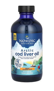 Nordic Naturals arktinių menkių kepenų aliejus, 1060 mg apelsinų skonio – 237 ml.