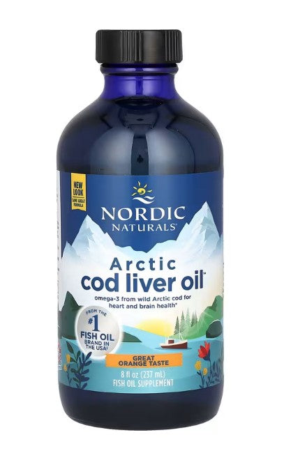 Nordic Naturals arktinių menkių kepenų aliejus, 1060 mg apelsinų skonio – 237 ml.