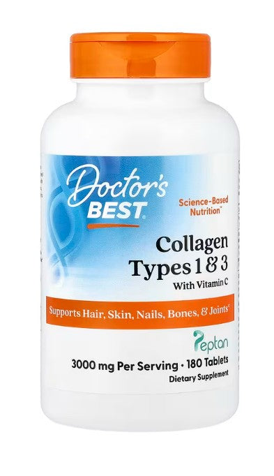 Doctor's Best 1 ir 3 tipų kolagenas su Peptanu ir vitaminu C, 3000 mg – 180 tablečių