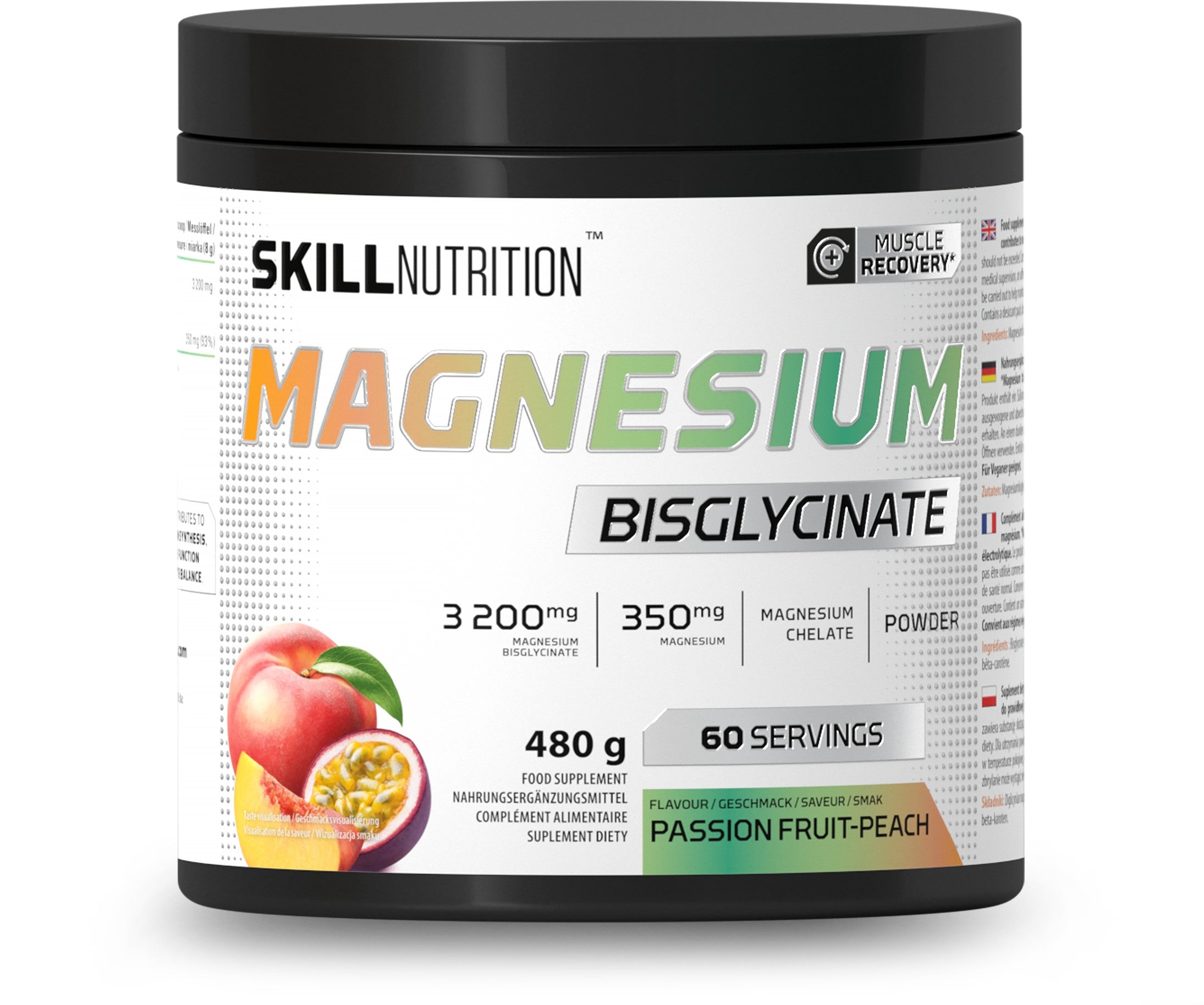 Skill Nutrition magnio bisglicinato milteliai, pasiflorų ir persikų skonio – 480 g