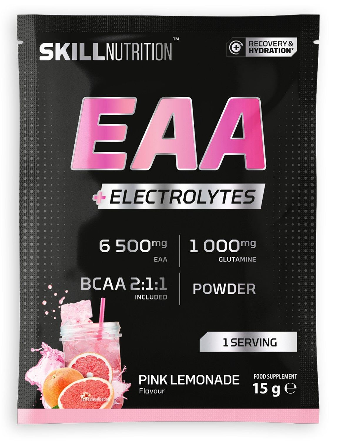 Skill Nutrition EAA + elektrolitai, rausvasis limonadas - 15 g (1 porcija)