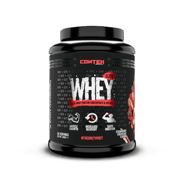 Conteh Sports Whey Elite braškių sūrio pyrago skonio baltymai – 1980 g