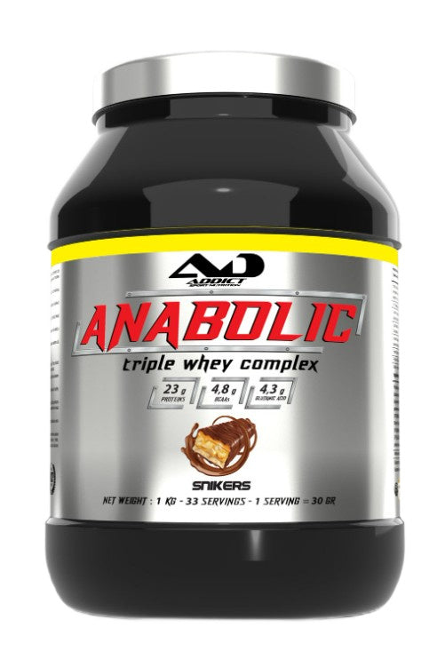 Addict Sport Nutrition anabolinis trigubas išrūgų kompleksas, Snikers – 1000 g
