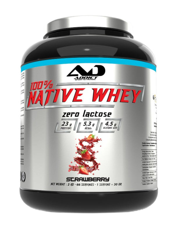 Addict Sport Nutrition 100 % natyvūs išrūgų baltymai be laktozės, braškių skonio – 2000 g
