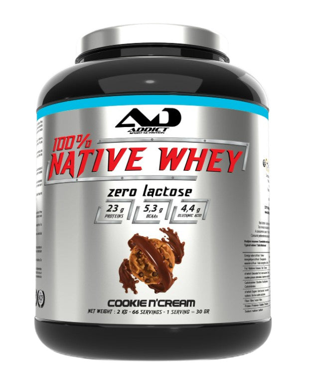 Addict Sport Nutrition 100 % natyvūs išrūgų baltymai be laktozės, sausainių ir grietinėlės skonio – 2000 g