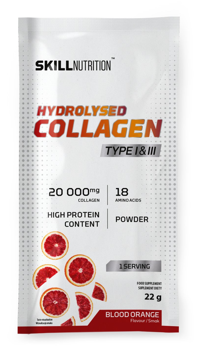Skill Nutrition hidrolizuotas kolagenas I ir III tipo, kruvinųjų apelsinų skonio – 22 g (1 porcija)