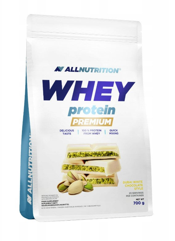 Allnutrition išrūgų baltymų milteliai Premium, Dubajaus baltasis šokoladas – 700 g