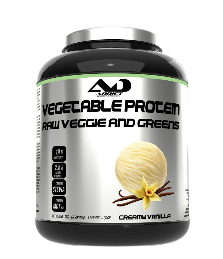 Addict Sport Nutrition daržovių baltymų milteliai, žalios daržovės ir žalumynai, kreminės vanilės skonio – 2000 g