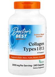 Doctor's Best 1 ir 3 tipų kolagenas su vitaminu C – 240 kapsulių