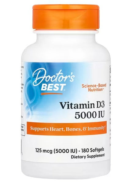 Doctor's Best Gydytojo geriausias vitaminas D3, 5000 TV – 180 gelių