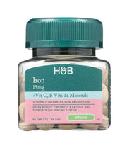 Holland & Barrett geležis, 15 mg su vitaminais ir mineralais – 90 tablečių