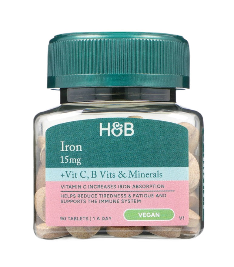 Holland & Barrett geležis, 15 mg su vitaminais ir mineralais – 90 tablečių