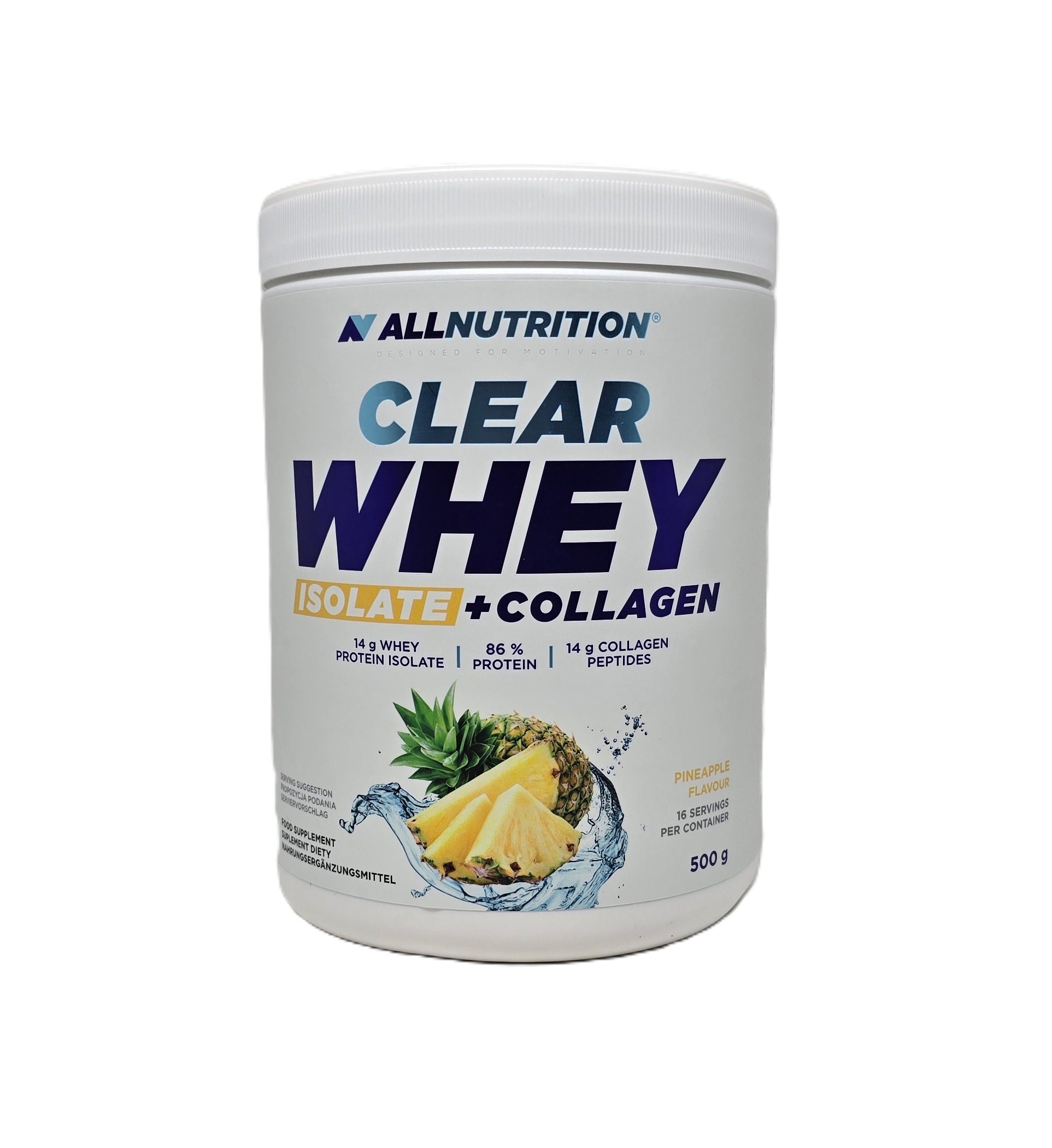 Allnutrition skaidrus išrūgų izoliatas + kolagenas, ananasų skonio – 500 g