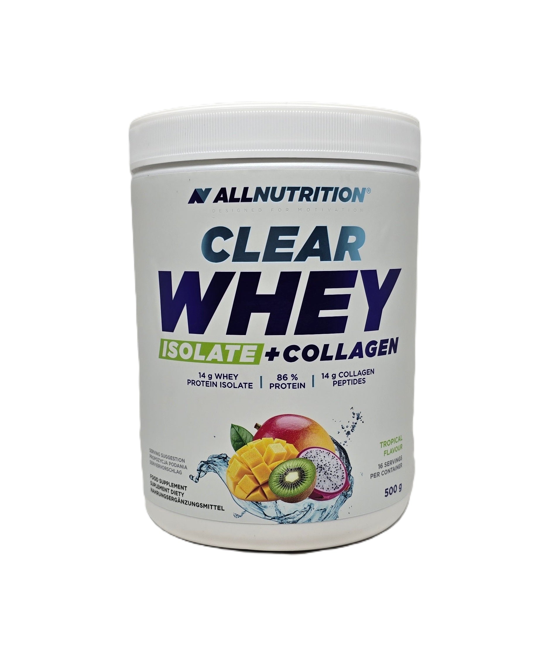 Allnutrition skaidrus išrūgų izoliatas + kolagenas, tropinis – 500 g