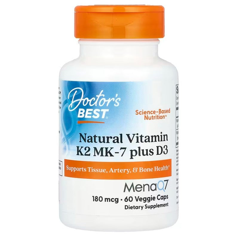 Doctor's Best natūralus vitaminas K2 MK7 su MenaQ7 ir D3, 180 mcg – 60 kapsulių