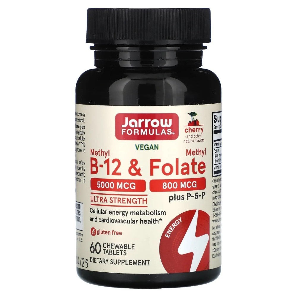 Jarrow Formulas metil B-12 5000 mcg ir metilfolatas 800 mcg, vyšnių skonio - 60 kramtomų tablečių