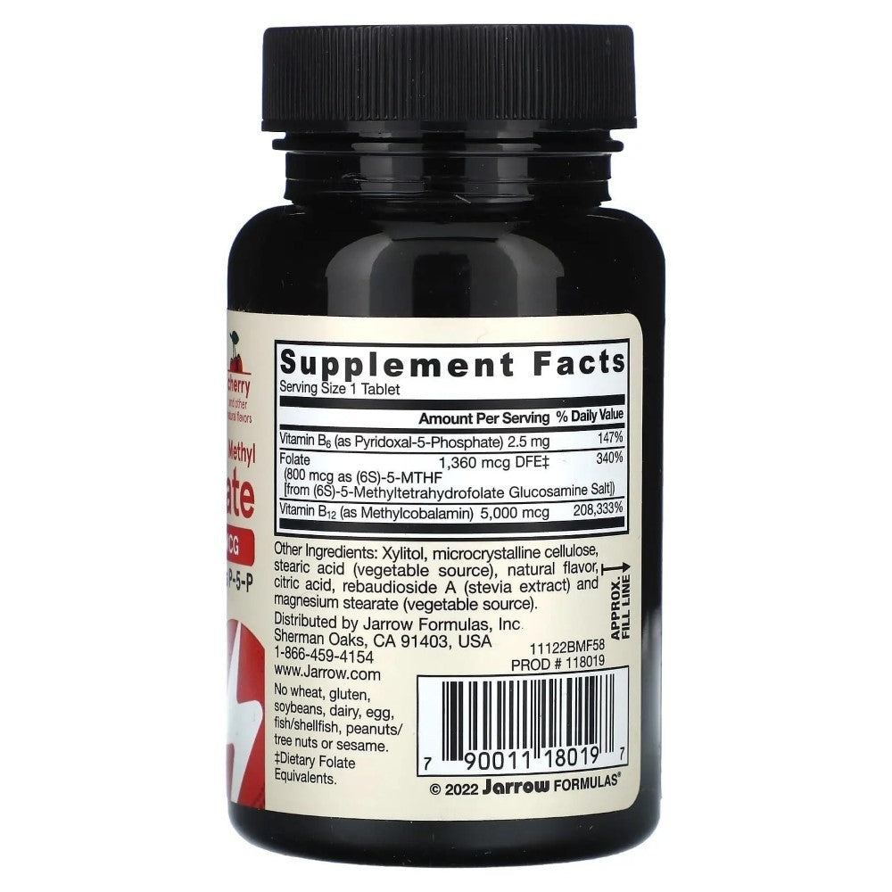 Jarrow Formulas metil B-12 5000 mcg ir metilfolatas 800 mcg, vyšnių skonio - 60 kramtomų tablečių