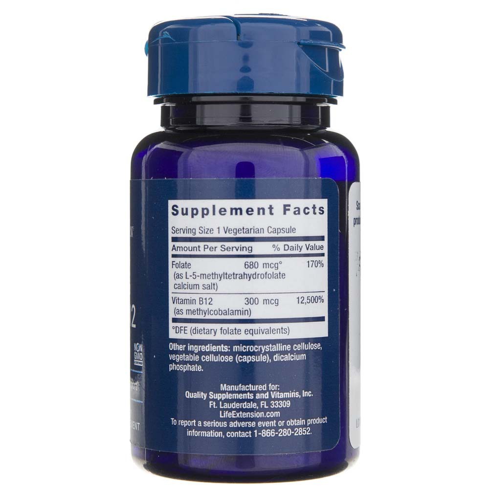LIFE EXTENSION bioaktyvūs folatai ir vitaminas B12 – 90 kapsulių