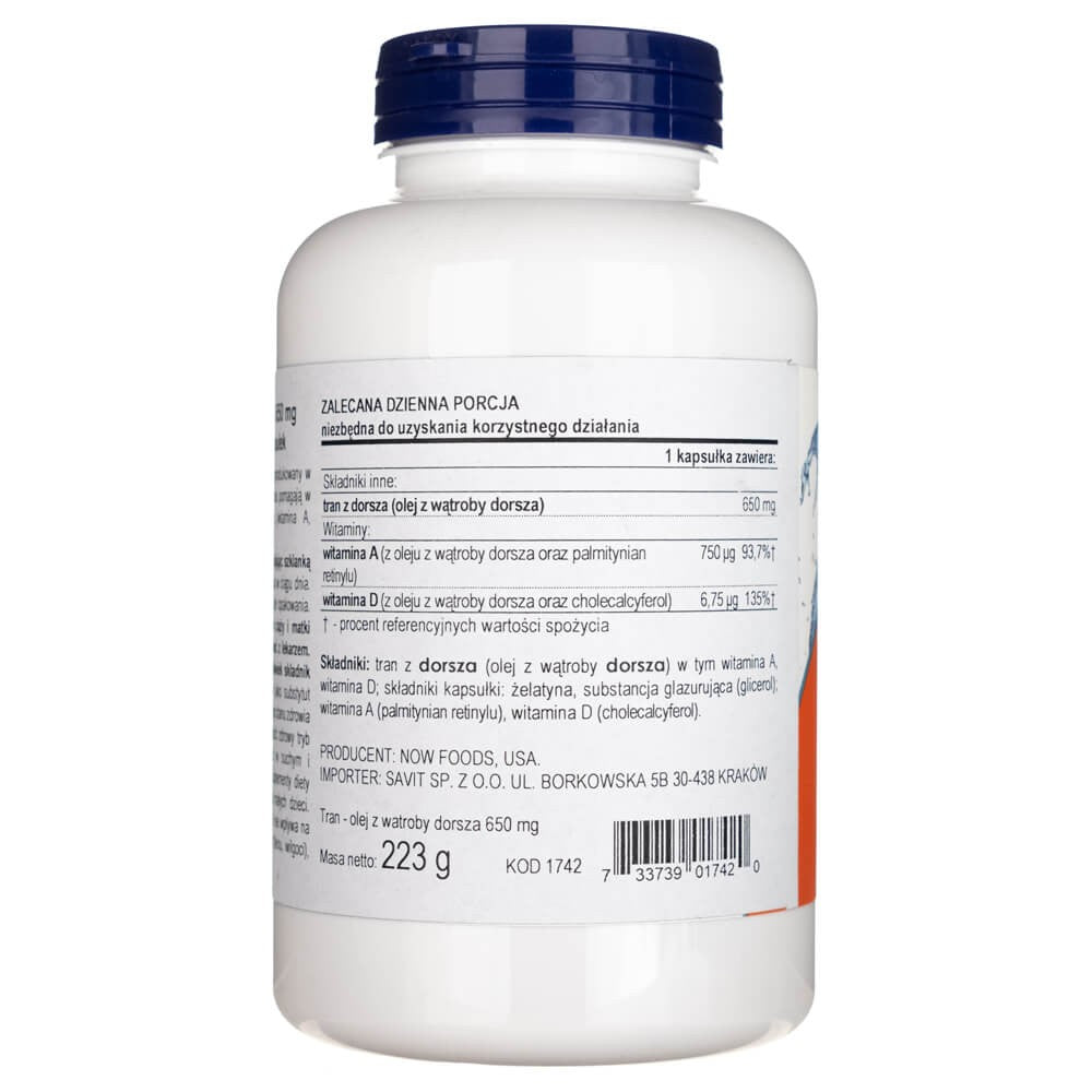 NOW FOODS menkių kepenų aliejus 650 mg – 250 minkštųjų kapsulių