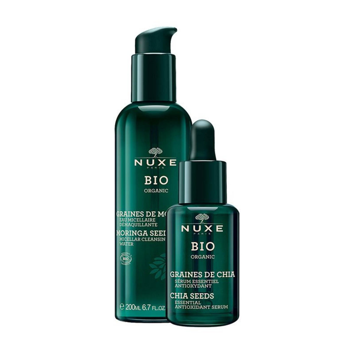 Nuxe rinkinys: biologiškai ekologiškas chia sėklų antioksidantinis serumas veidui 30 ml + biologiškai ekologiškas valomasis micelinis vanduo visiems odos tipams, 200 ml
