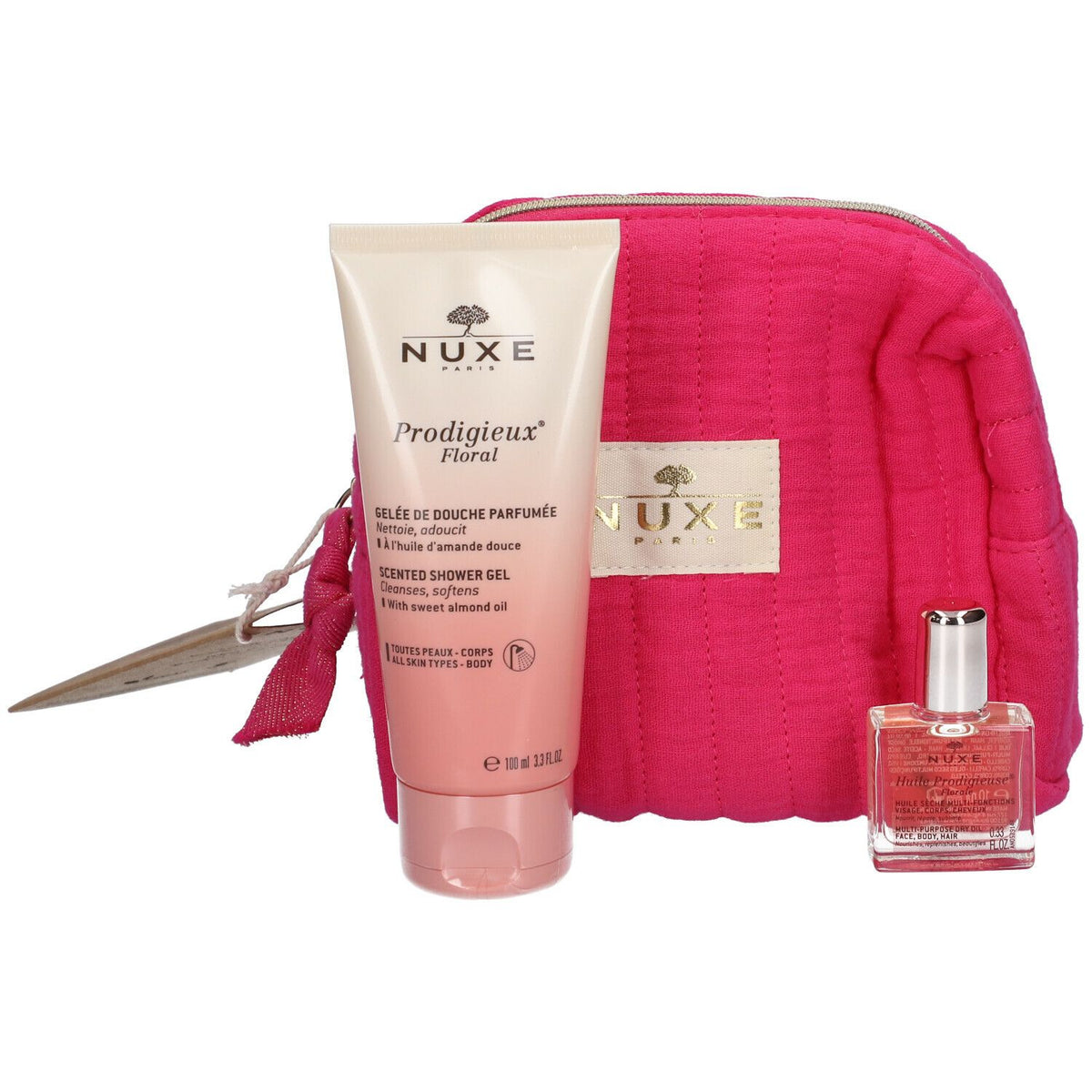 Rinkinys Nuxe: Prodigieux Floral dušo želė visam kūnui visiems odos tipams 100 ml + Prodigieuse Florale drėkinamasis kūno aliejus kūnui veidui ir plaukams 30 ml + Nuxe GWP tekstilinis maišelis rožinis