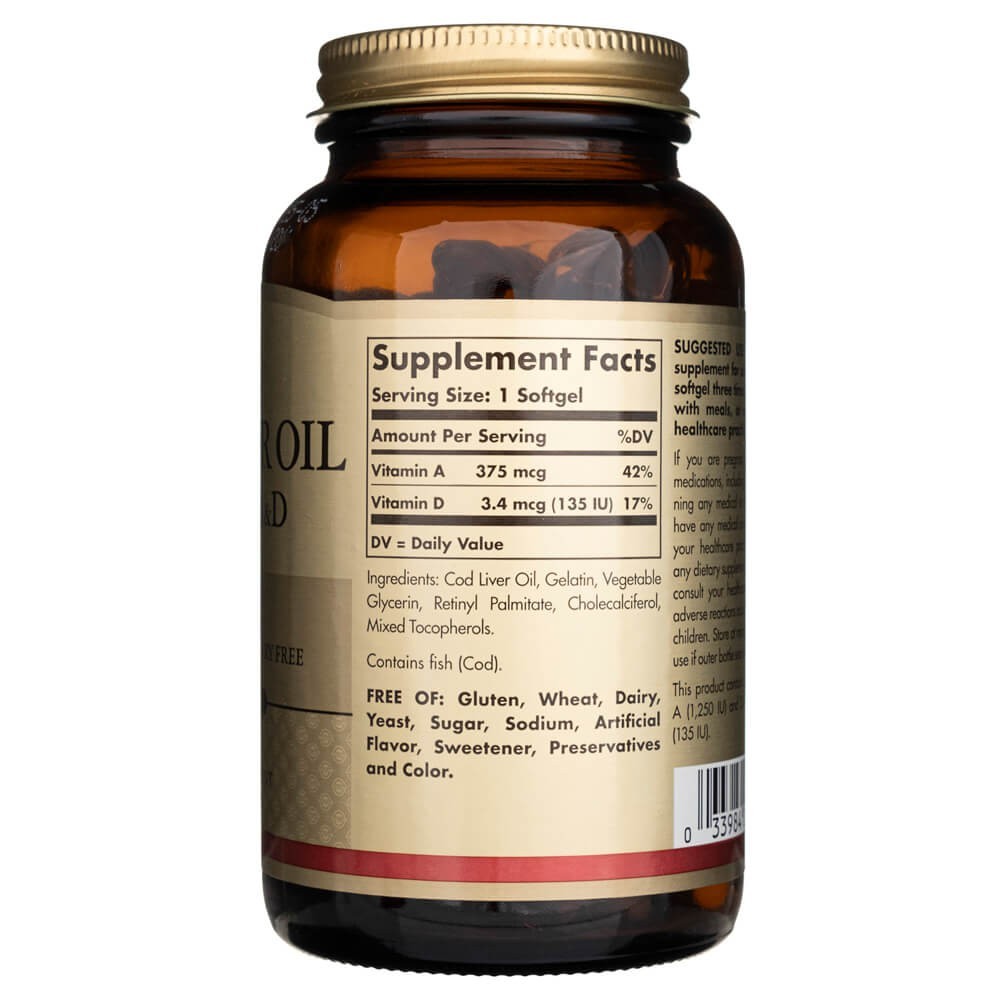 SOLGAR menkių kepenų aliejus (vitaminai A ir D) – 250 kapsulių