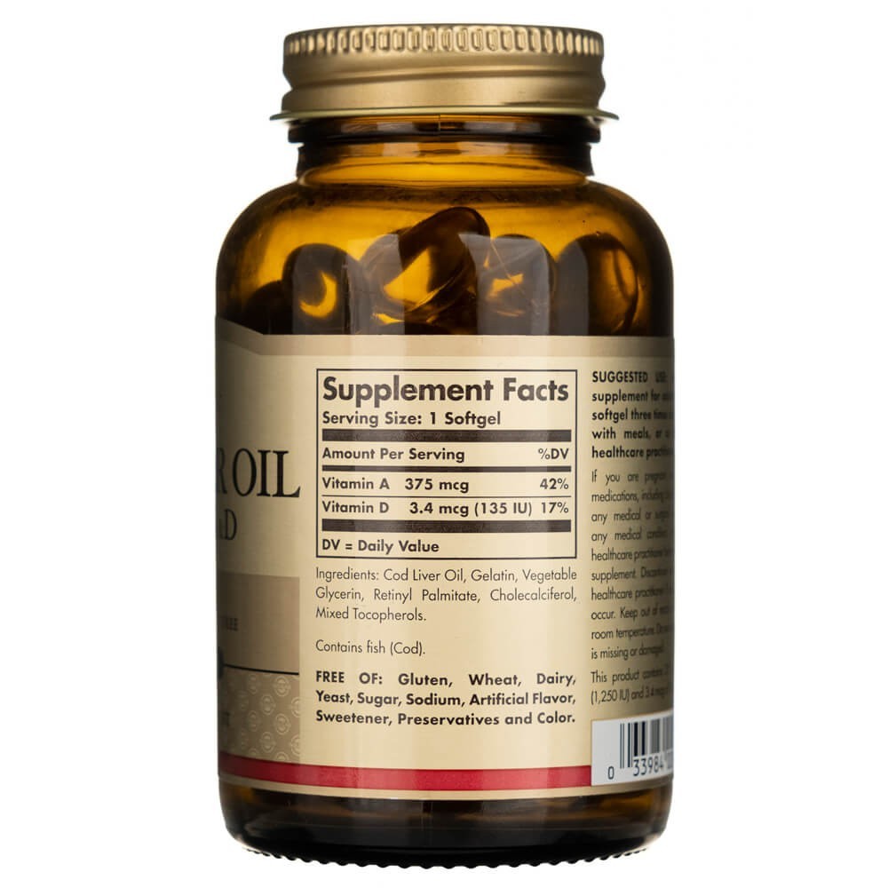 SOLGAR menkių kepenų aliejus (vitaminas A ir D) – 100 kapsulių