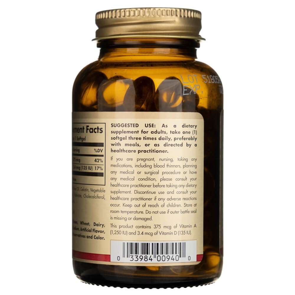 SOLGAR menkių kepenų aliejus (vitaminas A ir D) – 100 kapsulių