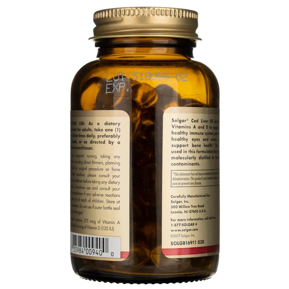 SOLGAR menkių kepenų aliejus (vitaminas A ir D) – 100 kapsulių