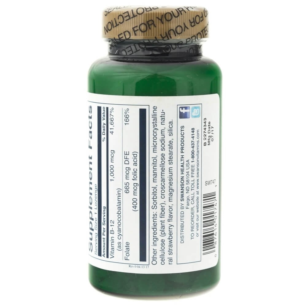 SWANSON vitaminas B12 500 mcg, braškių skonio – 250 pastilių