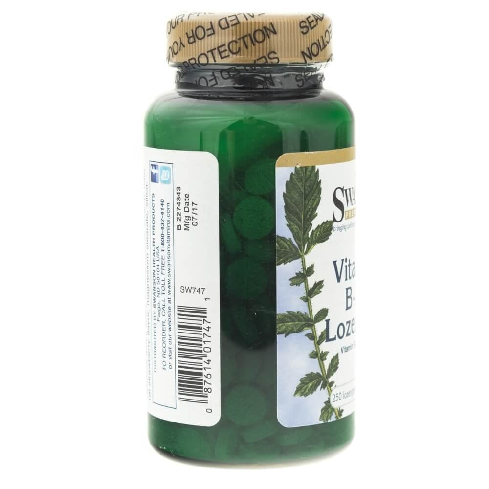 SWANSON vitaminas B12 500 mcg, braškių skonio – 250 pastilių
