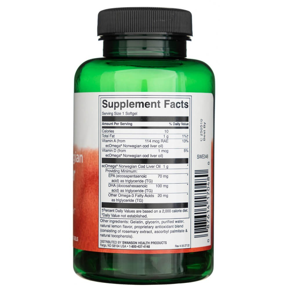 SWANSON menkių kepenų aliejus – norvegiško grynumo 1000 mg – 60 kapsulių