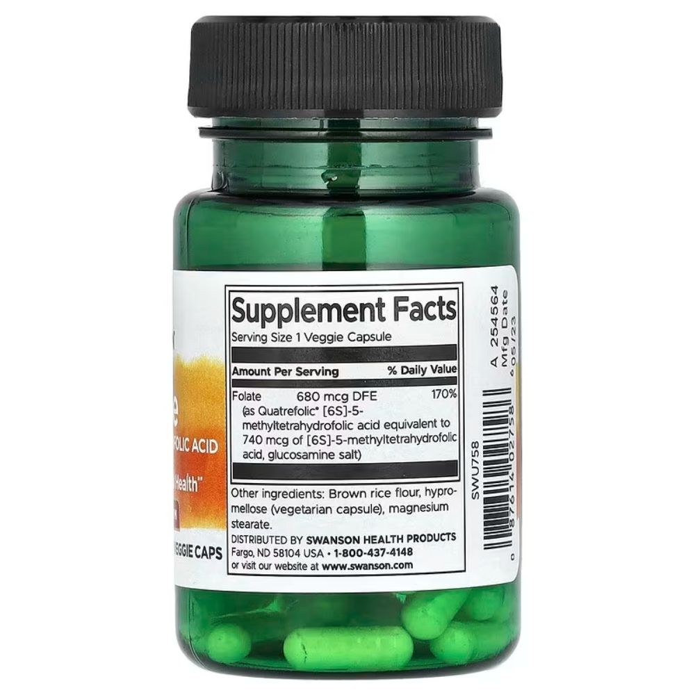 SWANSON folatas (5-metiltetrahidrofolio rūgštis) 680 mcg – 30 kapsulių